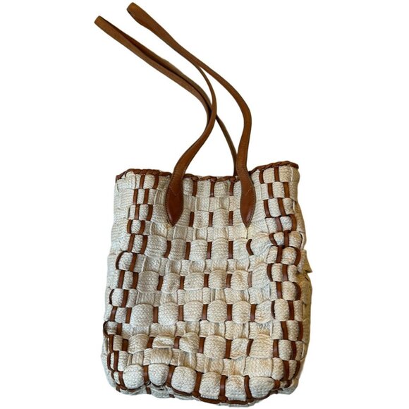 DE VECCHI Made in Italy Tan Woven Fibers & Leather Handle Shoulder Bag - Picture 2 of 10
